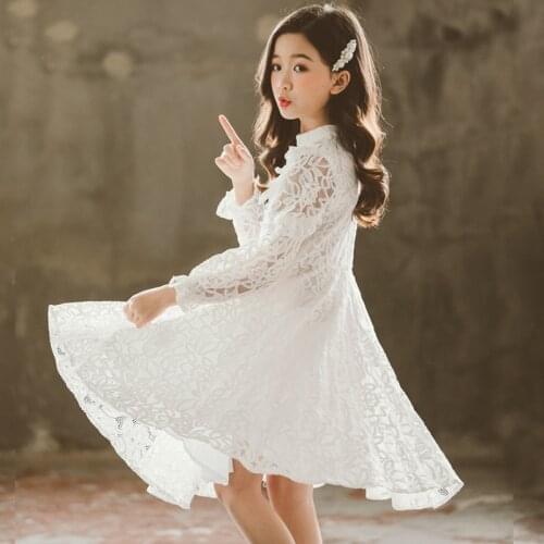 Flower Lace Spring White Long Girls Dress Sleeve Korean Princess Girls Dress Party Robe Enfant Teen Girls Clothing BW50DR