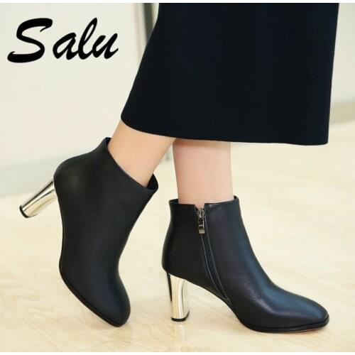 Salu Fashion Boots Women Ankle Boots Genuine Leather Autumn Winter Warm Chelsea White Boots Zipper High Heels Party Shoes Woman