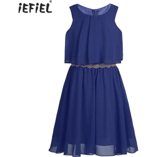 Kids Girls Chiffon Sleeveless Flower Girl Dress Pleated Ruffled Popover Dress with Decorative Trim Summer Casual Dresses SZ 5-12