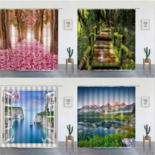 Summer Landscape Shower Curtains Flower Plant Waterfall Natural Scenery Background Wall Decor Bathroom Bathtub Screen With Hooks