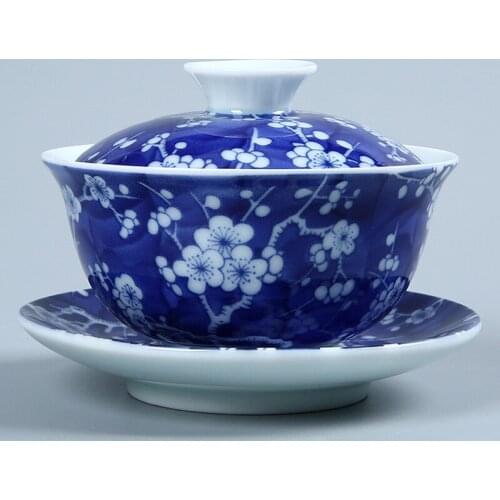 Blue and White Plum Flower Tea Tureen Vintage Gaiwan Porcelain Coffee Tea Bowl Drinkware Making Black Tea Coffee
