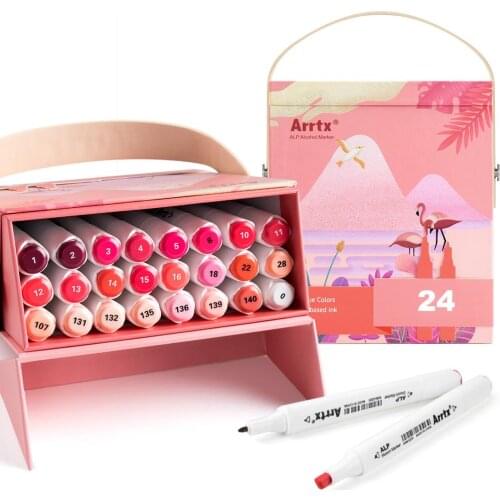 Arrtx ALP Red Tone 24 Colors Alcohol Marker Pen Dual Tips Markers Perfect for Painting Animals, Sunset, Glow Light, etc