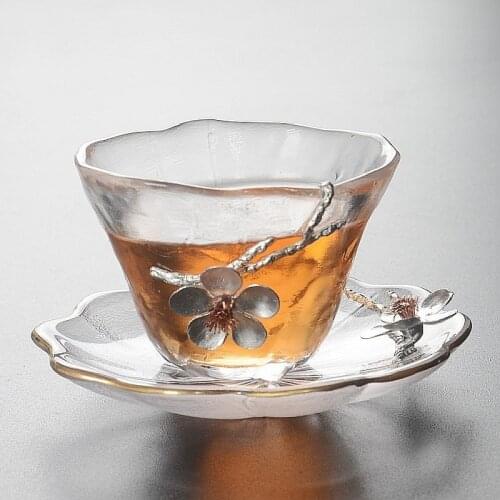 Heat Resistant Tea Cup With Coaster Tin Plum Flower Tea cupTransparent TeaCup Small Tea Bowl Japanese Style Master Cup
