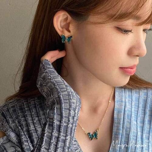 Vintage Sterling Silver 925 Shiny Rhinestone Butterfly Pendants Women Drop Earrings Women Necklace Jewelry Set