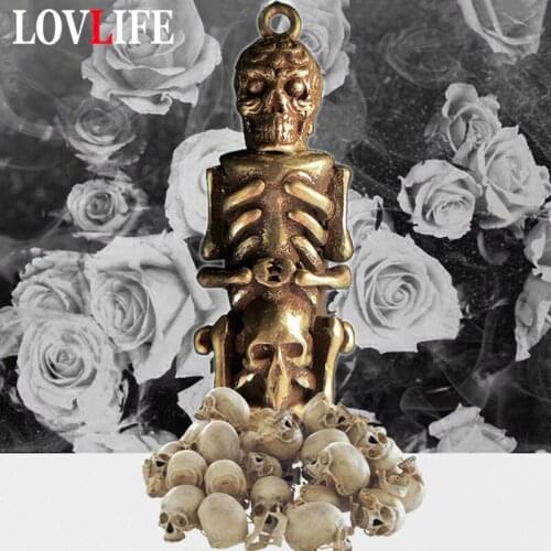 Punk Vintage Brass Skeleton Bone Column Keychain Pendant Jewelry Pure Copper Gothic Skull Head Men Car Key Chain Keyring Hanging