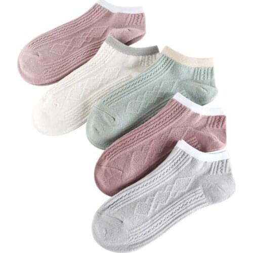 Women Cotton Ankle Socks with Geometric and Striped Pattern Girls Candy Color Boat Socks Female Sock Slippers 5 Pairs/lot