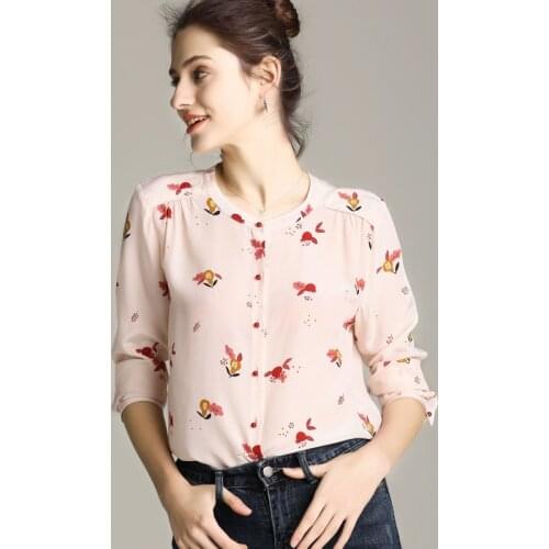 16M Natural Silk Top Women 100% Mulberry Silk Chiffon Long Sleeve Print Blouse S M L Free Shipping