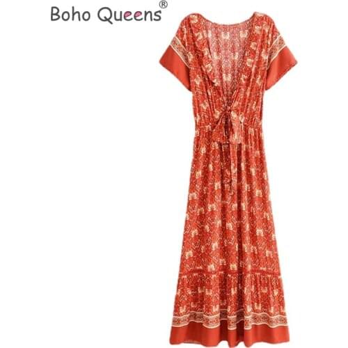 Boho Queens women short sleeve beach Robe Bohemian maxi dress Ladies sexy V neck Summer Boho happie dress vestidos