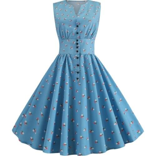 10 Colors Floral Women Retro Dress V Neck Sleeveless Summer Vintage Dress Party Vestidos Button Polka Dot Print Dresses Vestidos