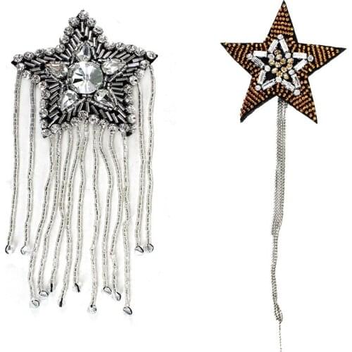 10pieces Rhinestones Bead Tassels Fringe Star Badges Motif Applique Patches Sew on Dress Bag Shoulder Decorated Sewing TH1097