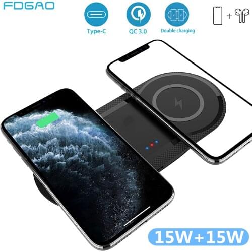 2 in 1 30W Dual Seat Qi Wireless Charger for Samsung S20 S10 S9 Double Fast Charging Pad For IPhone 12 11 XS XR X 8 Airpods Pro