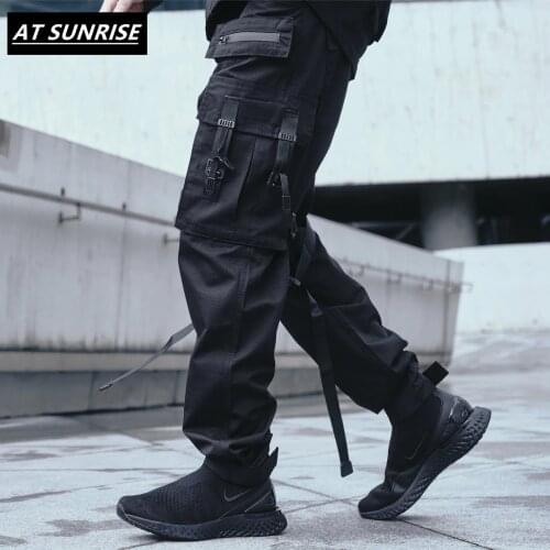 2020 Ribbons Cargo Pants Men Black Pocket Streetwear Harajuku Techwear Pants Hip Hop Trousers Harem Joggers Sweatpants military