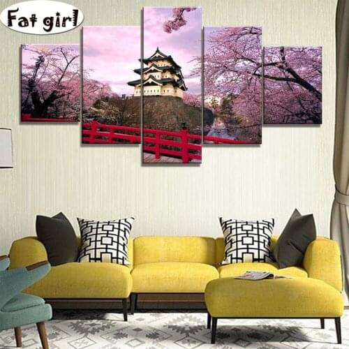 5pcs DIY Diamond Painting Cherry blossoms ancient tower Cross Stitch Kits Diamond Embroidery landscape 5D Mosaic square/round