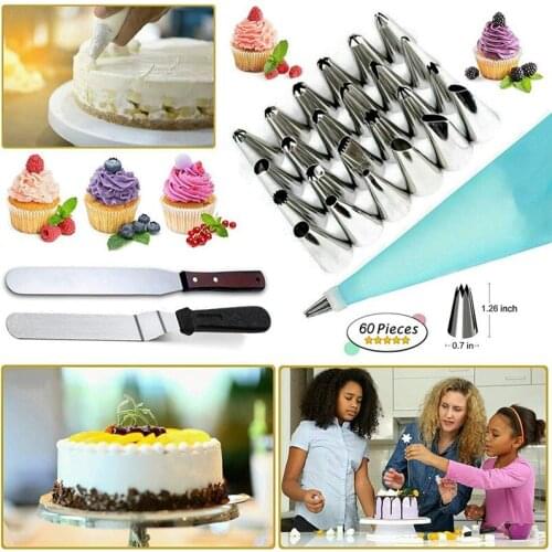 60pcs DIY Cake Decorating Tool Baking Set Turntable Silk Flower Set Baking Tool Stainless Steel Pastry Nozzles Kitchen Dessert