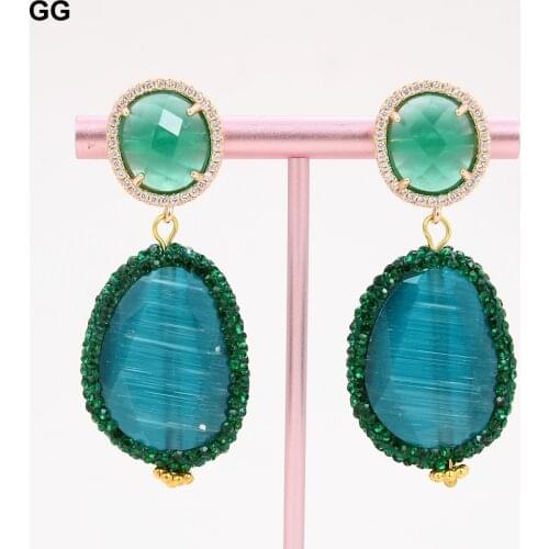 GuaiGuai Jewelry Green Faceted CZ Paved Cats Eye Green Jades Gold Color Plated CZ Stud Dangle Earrings For Women