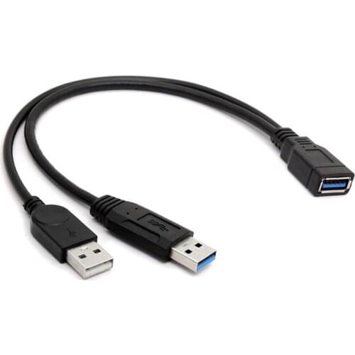 Extra Power Data Y Extension Cable USB 3.0 Female to Dual USB Type A Male Black Power Data Splitter Extension Cable