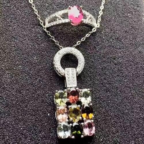Natural real colorful tourmaline rectangle jewelry set Per jewelry Free shipping 1pc ring 1pc pendant 925 sterling silver T2984