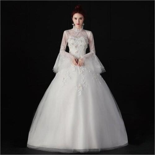 Hot Dubai Flowers Ball Gown Wedding Dresses High Neck New Long Sleeve Muslim Lace Appliques Wedding Gowns Bridal Dress