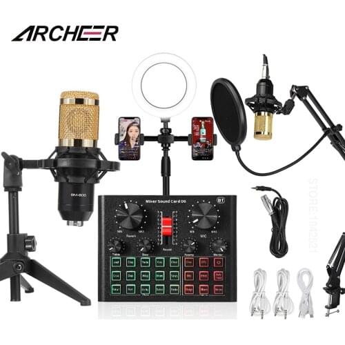 BM800 Microphone D6 Sound Card Mixer Condenser Led Ring Light Phone live Stream Game Tripod Stand USB BT Recording Professional