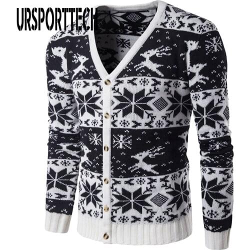 Fashion Christmas Sweater Men Autumn Winter Warm Printed Single-breasted Knit Cardigan Casual Stand Collar Mens Cardigan Sweater