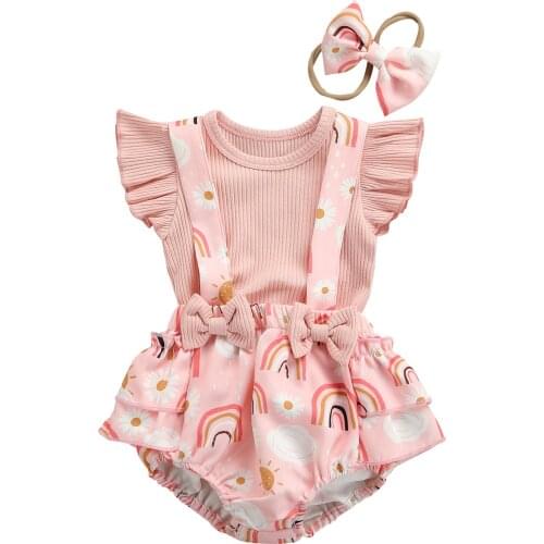 0-18M Cute Girls Clothes Sets Summer Newborn Infant Baby Fly Sleeve Pink T-Shirts Top Rainbow Bib Shorts Hair Rope 3pcs Outfits