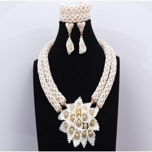 Latest Beige Beads Flowers Jewelry Sets African Wedding Nigerian Beads Jewelry Sets Bridal Necklace Earrings Bracelet For Party