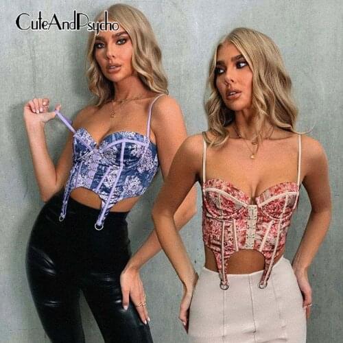 Skinny Floral Print y2k Corset Tops Women Harajuku Patchwork Streetwear Bodycon Camisole Sexy Zip Up 90s Crop Tops Cuteandpsycho