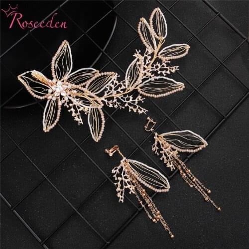 Romantic Fresh Water Pearl Wedding Headbands With Earrings Handmade Golden Hair Band Bridal Pageant Head Pieces RE3607