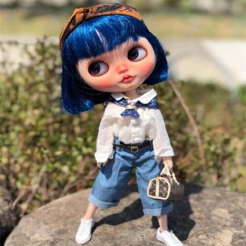 1PCS Boyfriend Style White Shirt Blue Trousers Loose Pants for Blyth,Azone s , OB24 Dolls