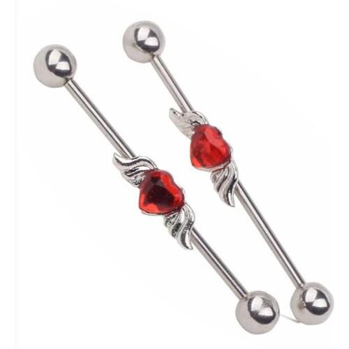 SaYao 1piece Surgical Stainless Steel 1.6*38*6mm Ball 14G Angel Wing Long Industrial Barbell Red Heart Body Ear Piercing Jewelry