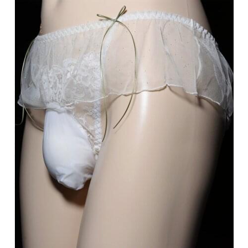 Sexy Lingerie Exotic Apparel Sissy Panties Men Low Waist Lace Briefs See Through Convex Pouch Underwear Sheer Cock Ring Gay Wear