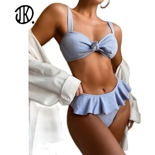 Chic Ladies Knotted Split Swimwear Solid Color Bikini Sexy Beaching Biqini Women High Waist Swimsuit Sea Bathing Swimwear 2 Pcs