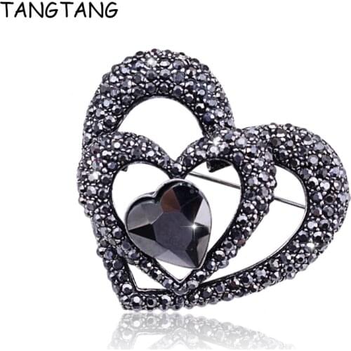 Rhinestone Black 3 Hearts Brooches for Women Vintage Antique Color Romantic Pin Elegant Exquisite Mujer New Year Gift BH8384
