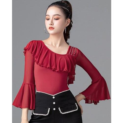 Latin Dance Tops Oblique Collar Ruffle Sleeve Tango Practice Clothes For Women Adult Samba Cha Cha Performance Costume VDB3802