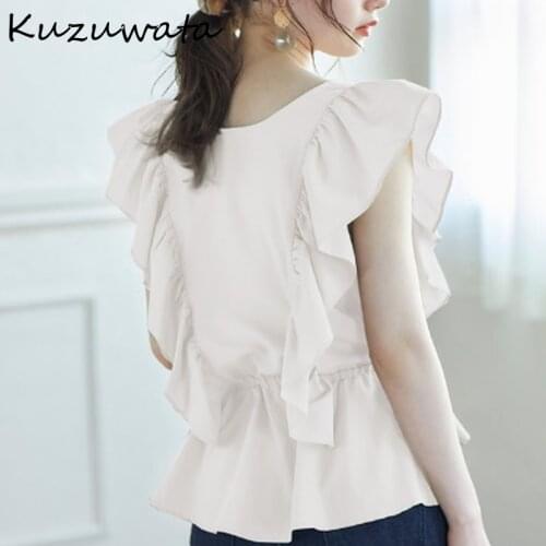 Kuzuwata 2021 Summer Temperament Office Lady O-Neck Fungus Flying Sleeve Solid Slim Waist Bluas Women Blouses Japanese Shirts