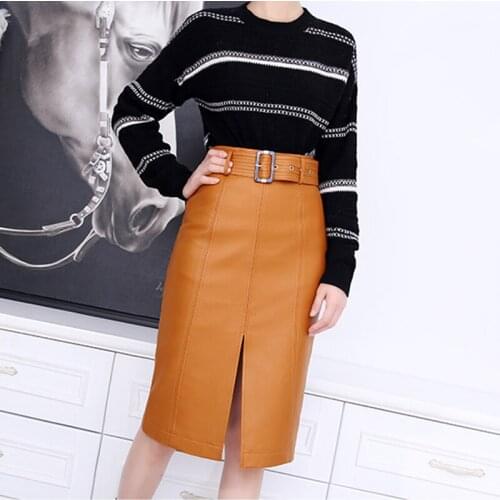 2021 Spring New Genuine Leather Skirt Women Female Vertical Stripes Thin High Waist Jupe Mujer Split Mid-Length Ginger Saias
