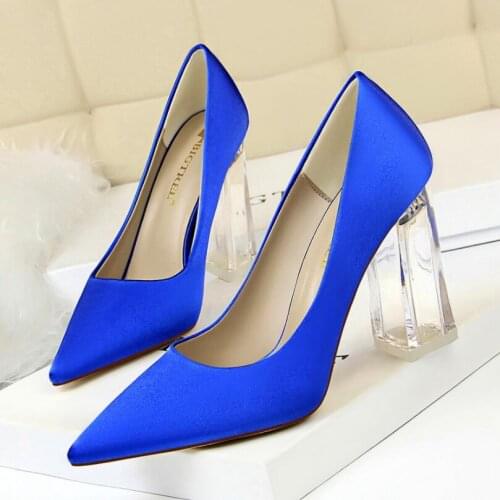 2012 Plus Size 43 Women Block 10cm High Heels Lady Scarpins Green Satin Pumps Female Wedding Yellow Blue Silk Transparent Shoes