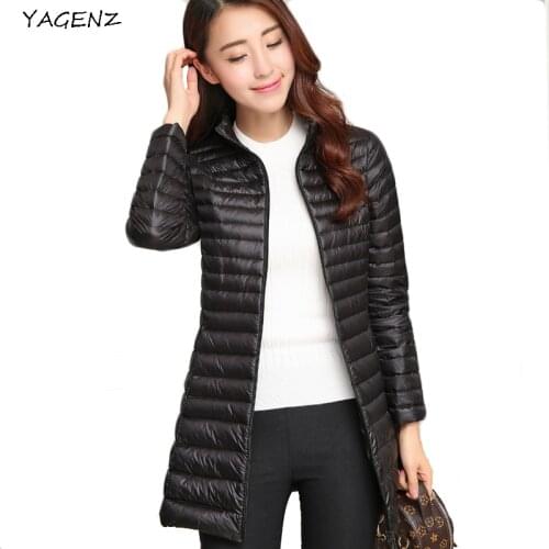 2019 Women Down jacket Autumn Winter Long Coats Slim Korean Stand Collar White Duck Down Zipper Long Coat S-3XL8 Colors YAGENZ66