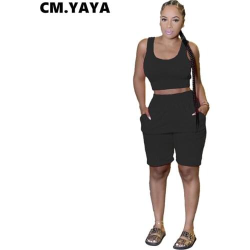 CM.YAYA Women Set Solid Sleeveless O-neck Crop Tanks Tops Pockets Shorts Two 2 Piece Sets Sporty Tracksuit Summer Fashion Outfit