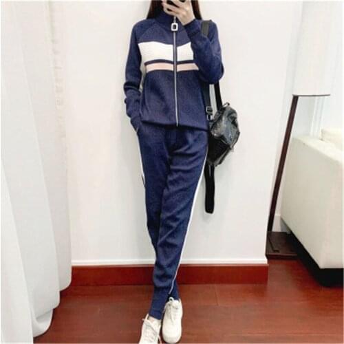 High Quality Knitted Tracksuit 2 Piece Set 2020 Autumn Womens Zipper Cardigan Coat+Striped Pants Two Piece Sweatshirts Suit