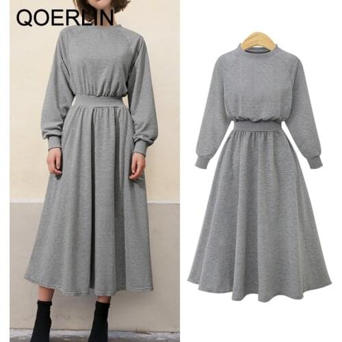 QoerliN L-5XL Big Size Sweatshirts Dress Women Winter Fall Thin Dress Elastic Waist High Waist Solid Black Long Dress Maxi Pull
