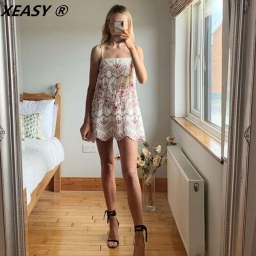 XEASY 2021 Women Summer White Embroidered Short Slip Dress Fashion Tied Backless Sexy Female Vintage Strap Beach Mini Dresses