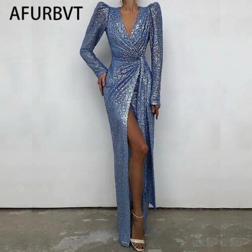 Elegant Sequined Glitter Party Dress Women Sexy V Neck Bodycon Slim Glitter Dress Vestidos Long Sleeve Ladies Club Party Dresses