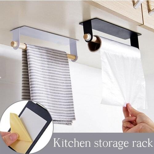 1pc New Wood and Metal Wall Bracket Fashion Towel Rack Storage Box Rag Bracket Plastic Wrap Storage Rack Kitchen Accessorie