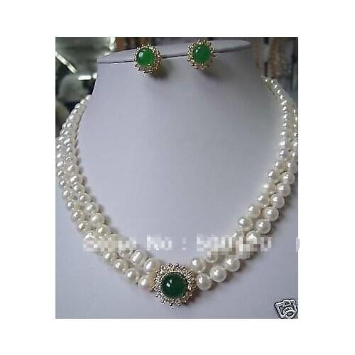 Noblest Genuine freshwater 7-8mm Pearl necklace green jade earring set