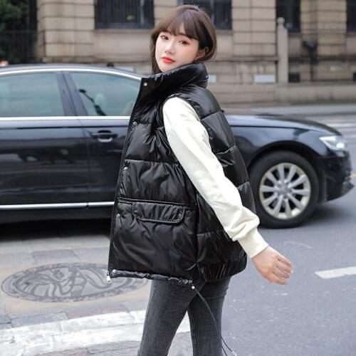 Glossy Down Cotton Womens Vest Stand Collar Jacket 2021 Fashion Winter Loose Sleeveless Coat Warm Short Ladies Waistcoat Parkas