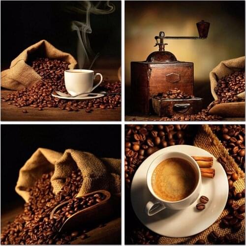 4 Panel Canvas Painting Coffee Bean Painting On Canvas Wall Art Modular Picture Kitchen Home Decor Without Frame