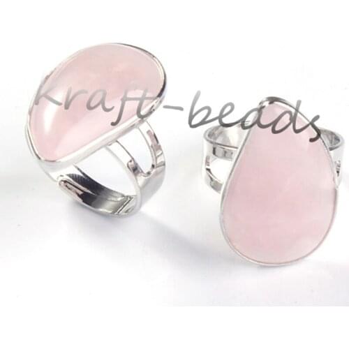 KFT Resizable Water Drop Stone Ring Natural Rose Pink Quartz Crystal Stone Finger Ring For Women Party Wedding Jewelry