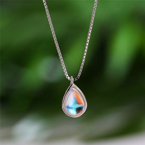 Cute Female Water Drop Moonstone Pendant Necklace 100% Real 925 Sterling Silver Crystal Wedding Necklaces For Women