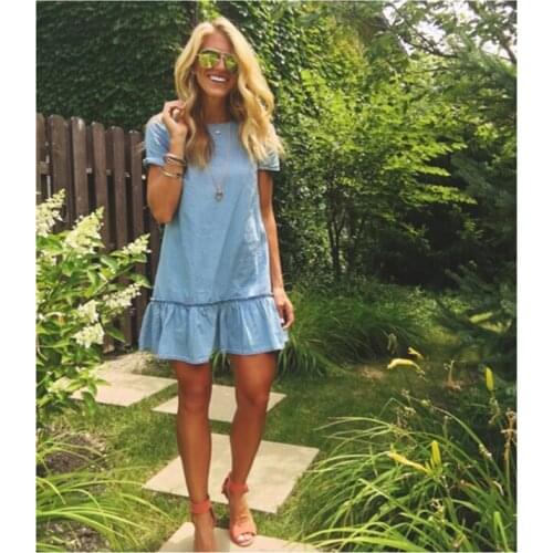 Fashion Solid Ruffled Cowgirl Dresses Vintage Temperament Commute Short Sleeve Light Blue Dress Stitching Denim Mini Dress Women